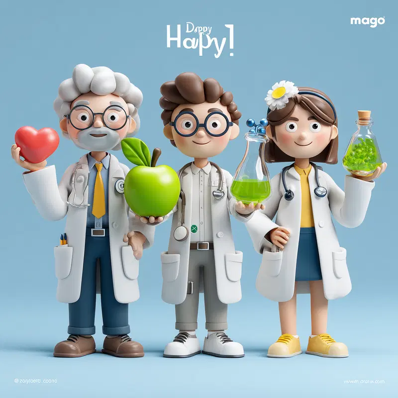 Illustration of happy doctors holding heart, apple, and test tubes in lab coats