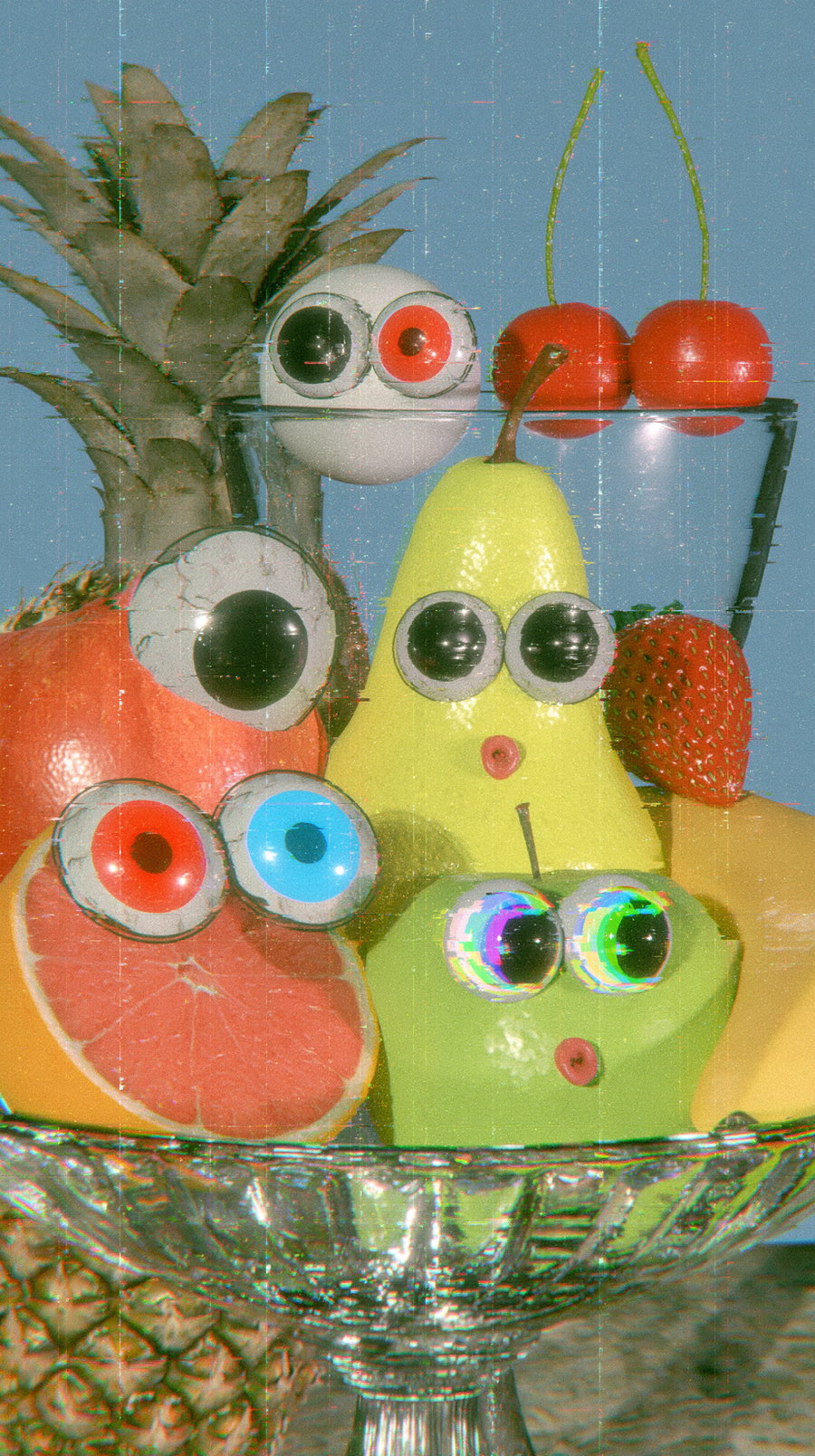 A still life arrangement including pineapple, cherry, pear, strawberry, and grapefruit with large cartoonish eyes on many of the fruits set in a decorative glass bowl
