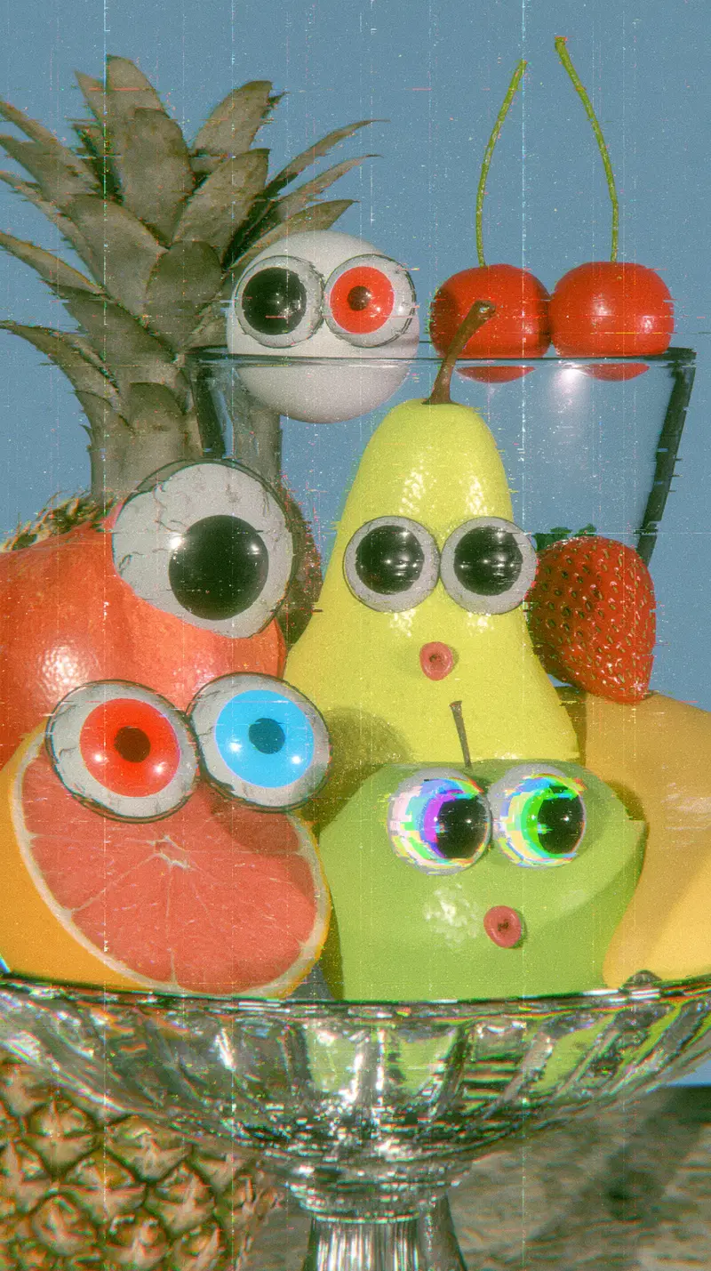 Surreal Still Life with Fruits Featuring Artistic Eye Decorations