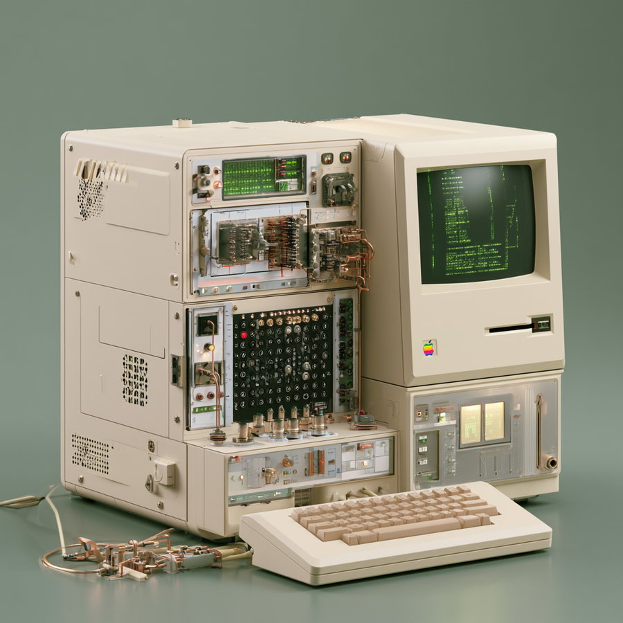 An old beige computer with one side panel removed to show internal circuit boards and components, accompanied by a matching beige keyboard and a retro CRT monitor displaying green text, all set against a muted green background.