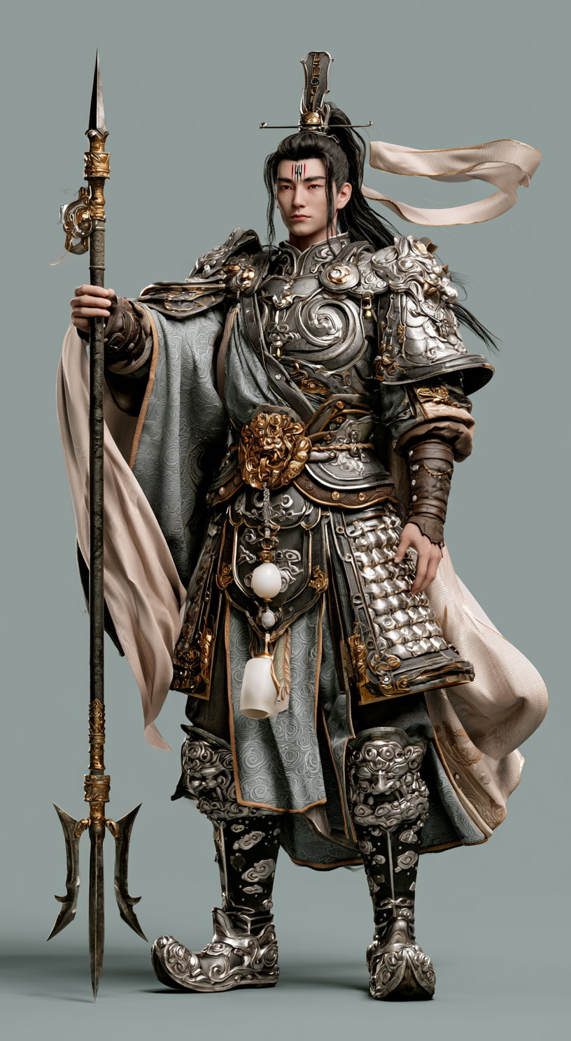 Full-length portrait of a man in elaborately decorated silver and gold classical European armor holding a spear against a plain muted background