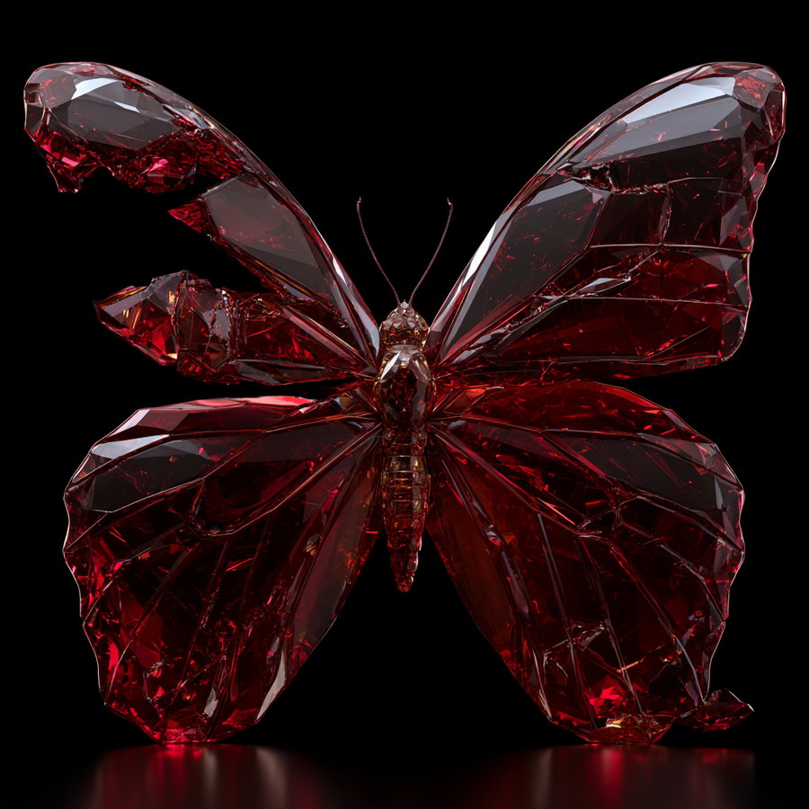 Red glass butterfly with intricate details and a reflective surface on a black background