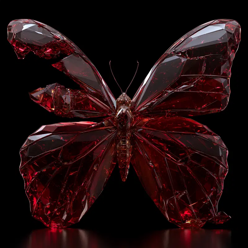 Elegant artistic representation of a red glass butterfly on black background
