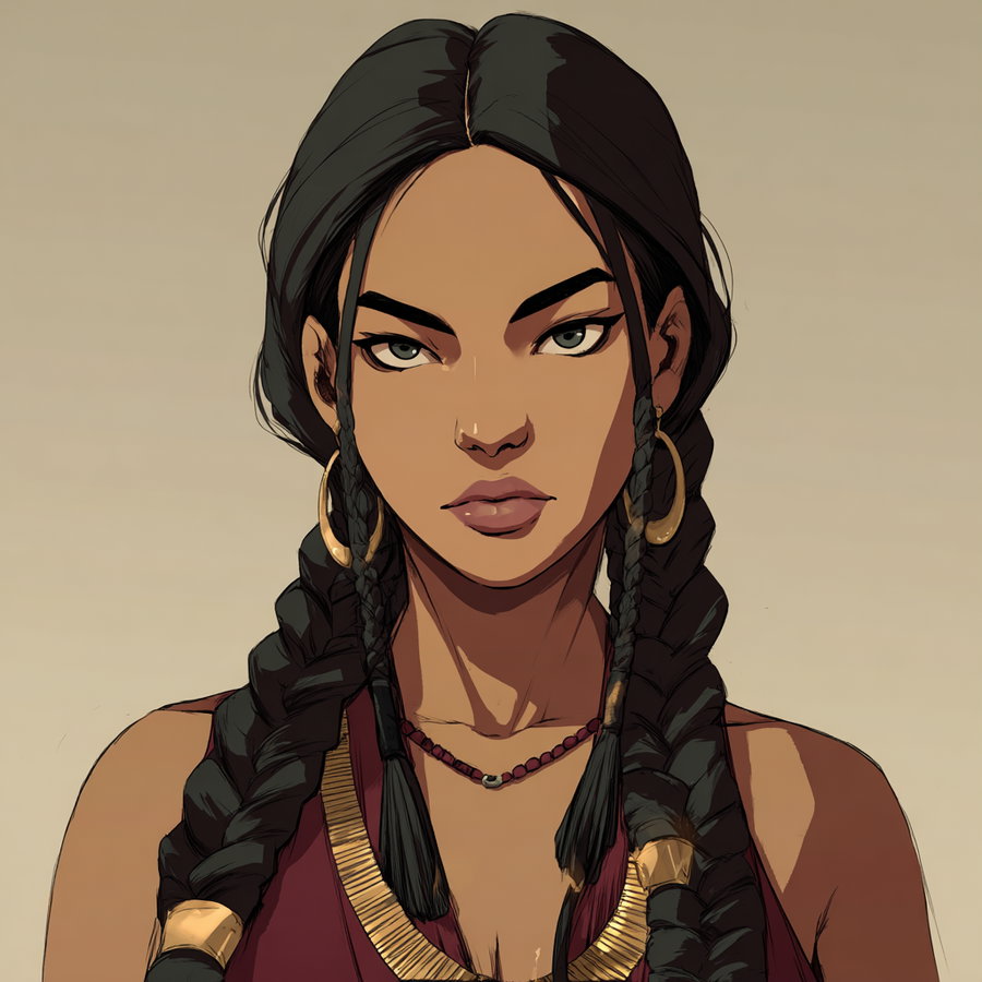 Illustration of a woman with dark braided hair, gold hoop earrings, and a gold necklace, wearing a burgundy top, set against a plain beige background