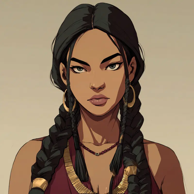 Digital art portrait of a woman with braided hair and gold accessories