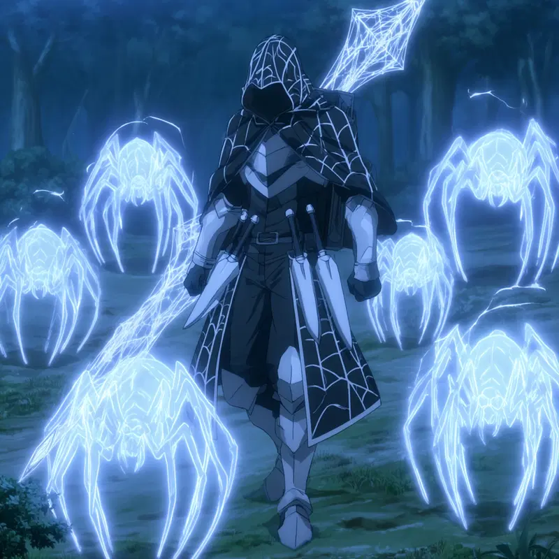 Dark cloaked figure with glowing spider-like creatures in a nighttime forest