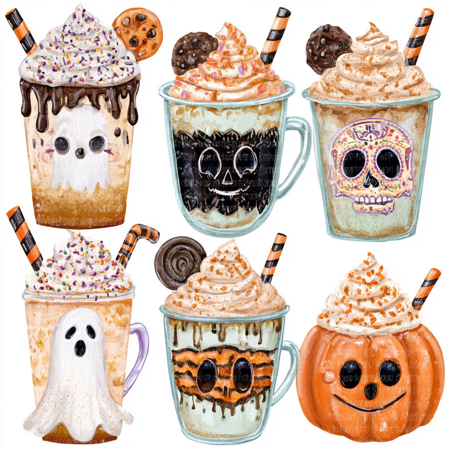 Illustration of six Halloween-themed drinks featuring whipped cream, sprinkles, cookies, and spooky faces on cups and pumpkins, all with orange and black striped straws.