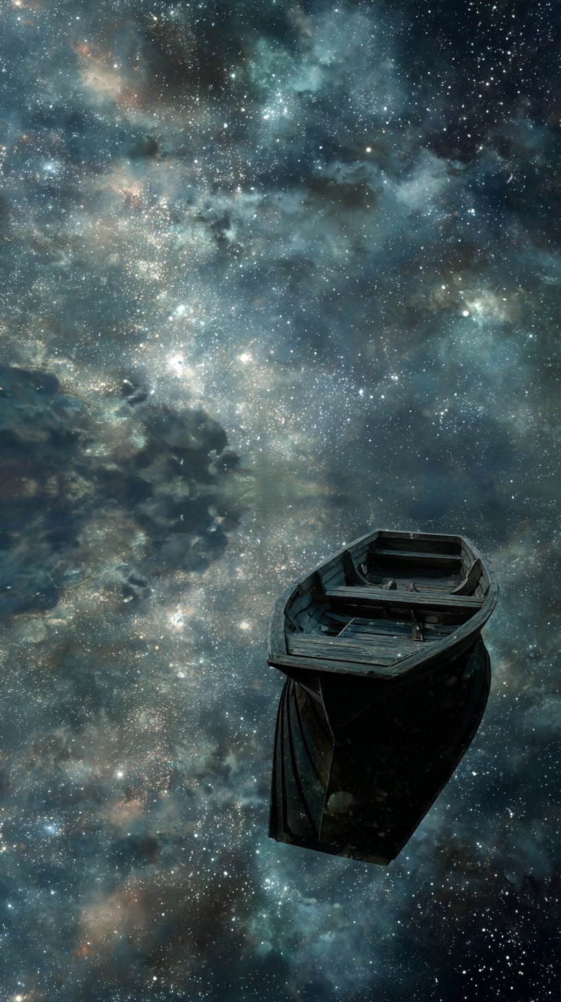 An old wooden boat appears to float amidst a vast star-filled cosmic sky with clouds and bright clusters of stars