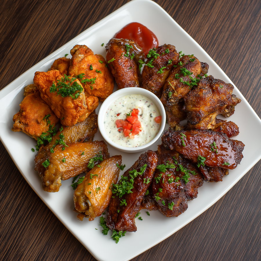 A white square plate with different types of cooked chicken wings sprinkled with chopped herbs. In the center is a small bowl of creamy dipping sauce topped with diced tomatoes. There is also a serving of red sauce on the plate. The plate is placed on a wooden surface.