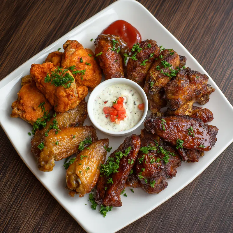Close-up of a variety of chicken wings with dipping sauce on a platter