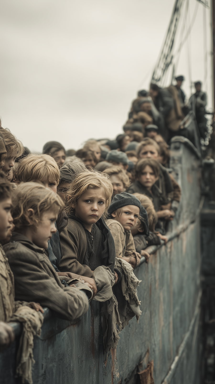 A group of children dressed in worn, historical clothing standing closely together on the deck of a ship, looking towards the camera with somber expressions.