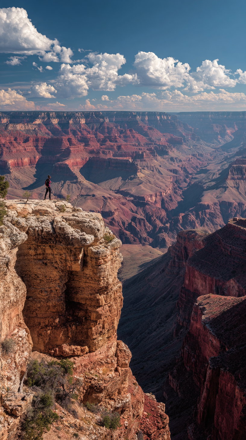 A person standing on the edge of a rocky cliff overlooking the expansive Grand Canyon under a blue sky with scattered clouds