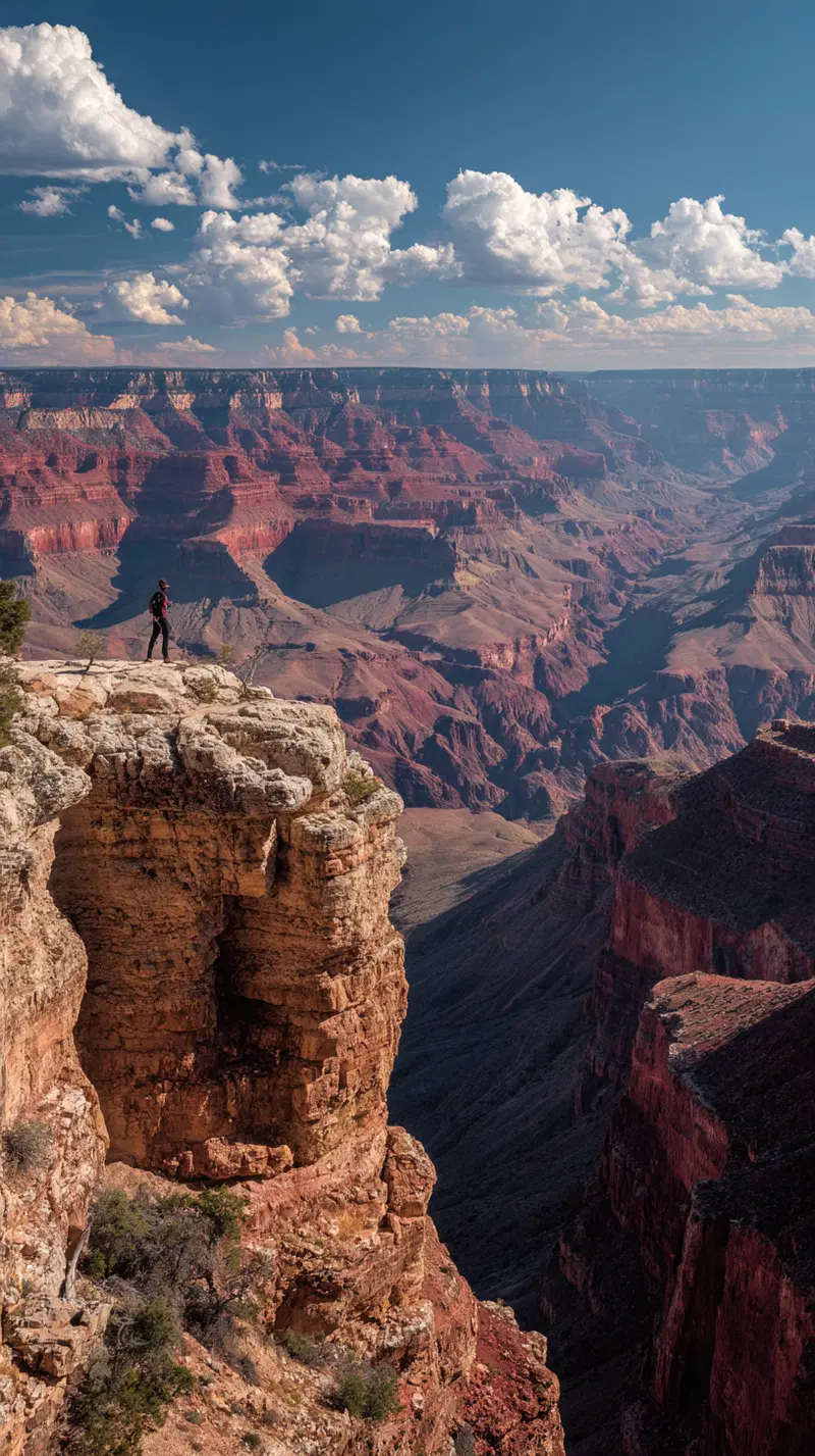 Vast panoramic view of the Grand Canyon with a person standing on the edge