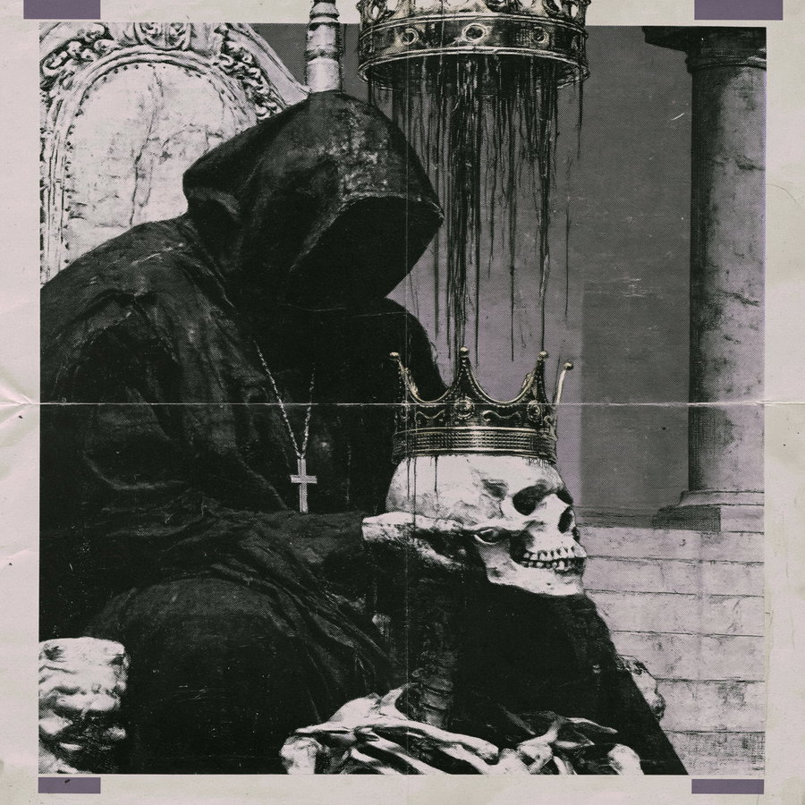 A black and white gothic artwork showing a cloaked figure with a cross necklace sitting beside a skull with a crown, set against a throne and stone columns background
