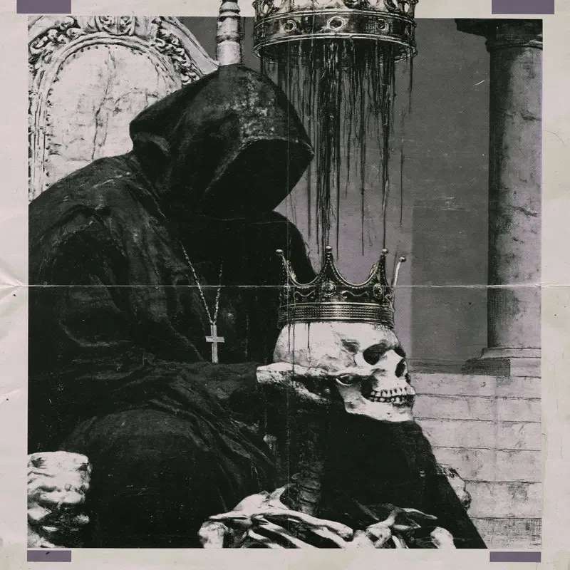 Dark and mysterious hooded figure with skulls and crowns in gothic artwork