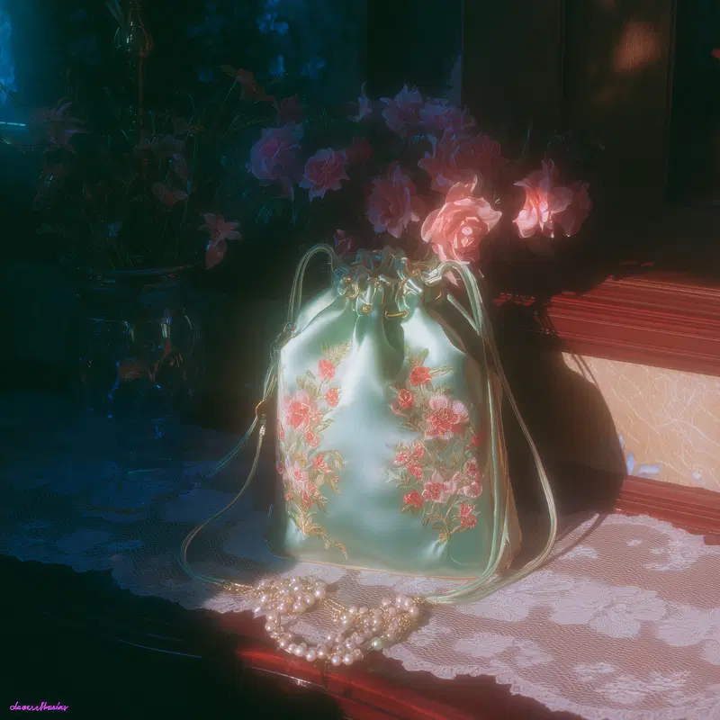 Soft romantic image of floral embroidered purse with pearl necklace