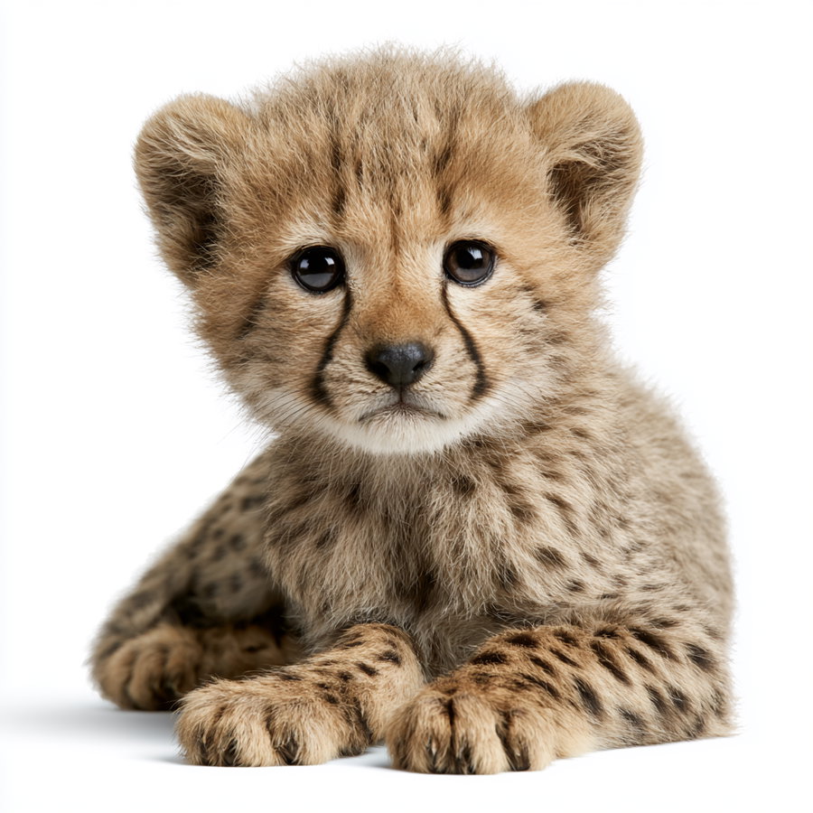 Adorable cheetah cub lying down with paws in front on a white background