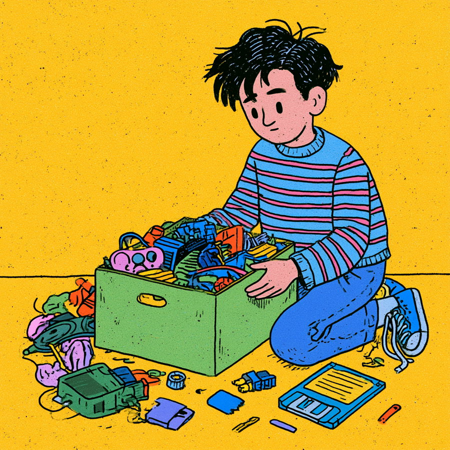 Illustration of a boy with black hair wearing a striped sweater and jeans, kneeling beside a green box filled with various colorful toys on a yellow background
