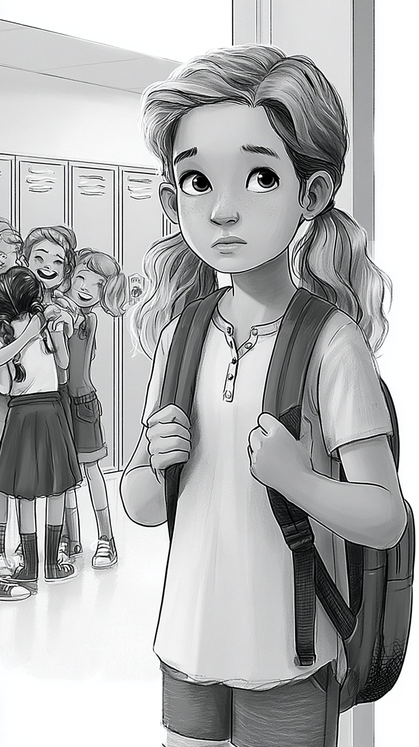 Illustration of a young girl with a backpack looking sad or shy, while a group of other children are socializing and laughing together near school lockers in the background