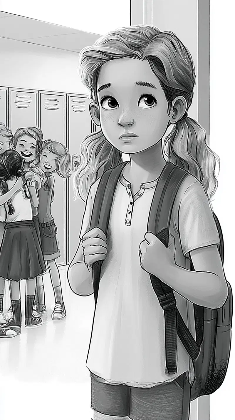 Black and white digital portrait of a shy schoolgirl standing alone in a hallway