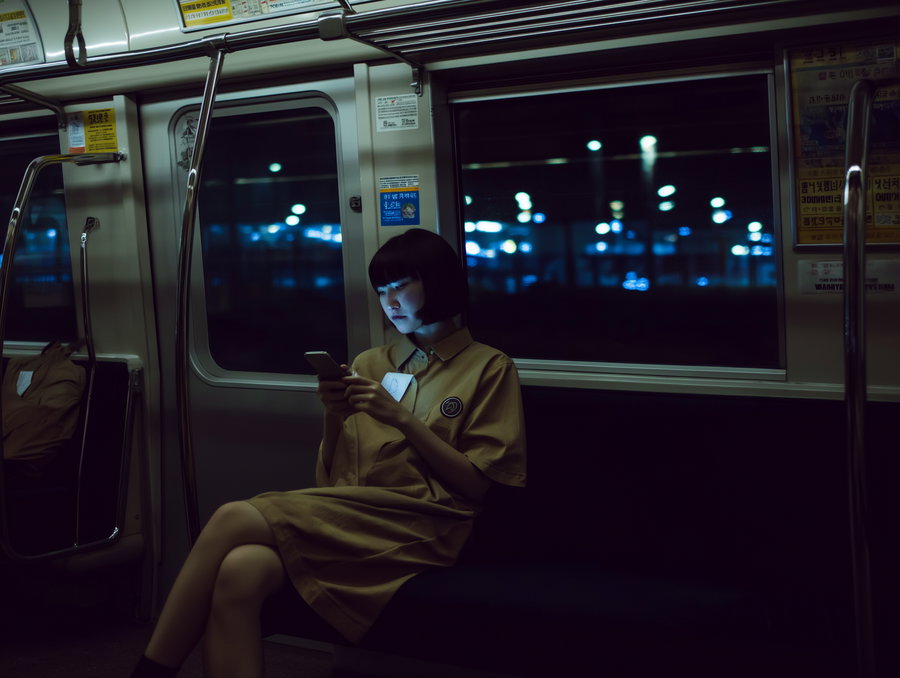 Young woman with short black hair in a beige outfit sitting alone on a dark subway train at night, looking at her smartphone, with blurred city lights visible through the window.