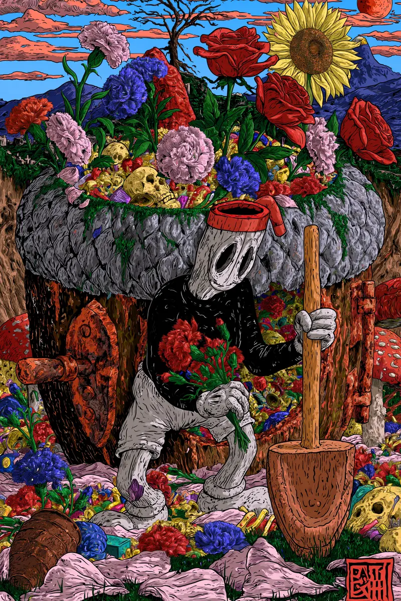 Moody surreal artwork featuring a character with a flower pot head and skulls