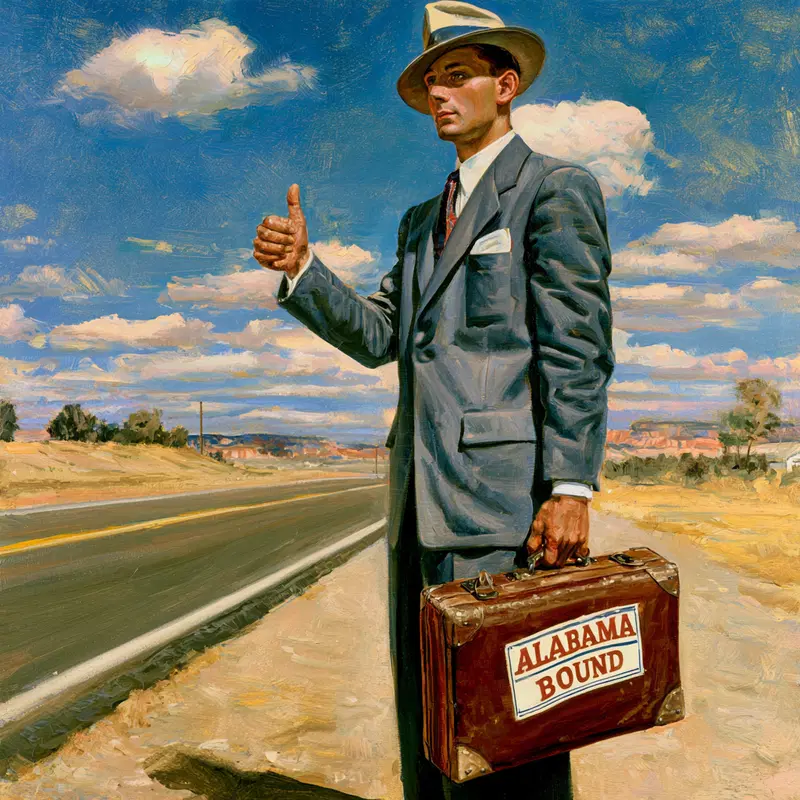 Vintage style painting of a man hitchhiking with Alabama Bound suitcase