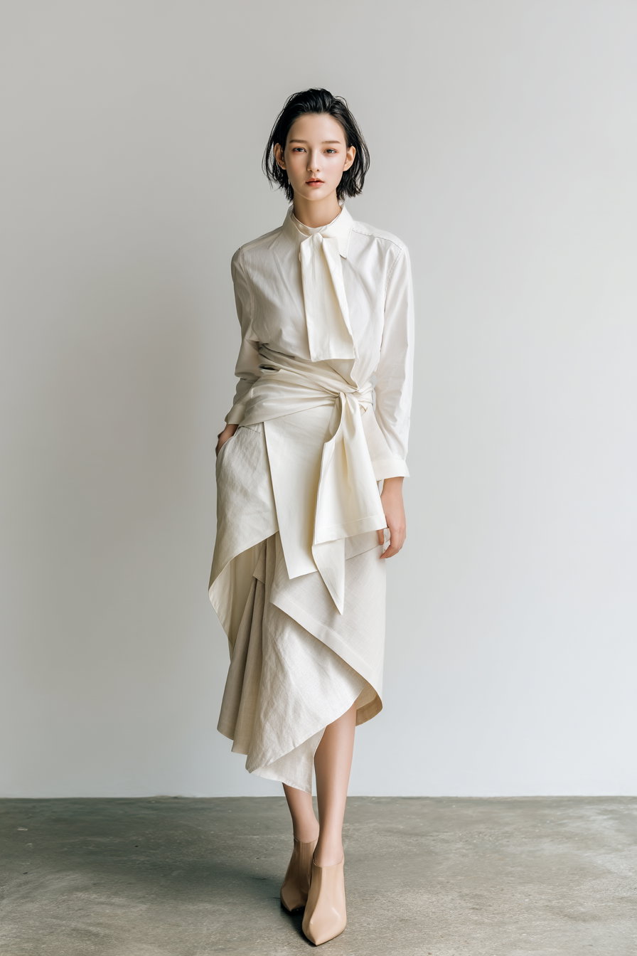 A woman standing against a plain off-white wall wearing a layered cream-colored skirt, a matching tied blouse, and beige ankle boots on a concrete floor.
