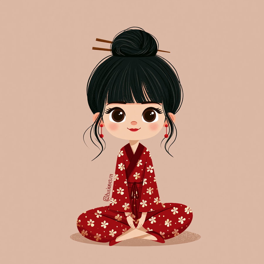Illustration of a girl with big eyes and black hair tied up with hair sticks, wearing red floral kimono, red earrings, sitting cross-legged on a plain brown background