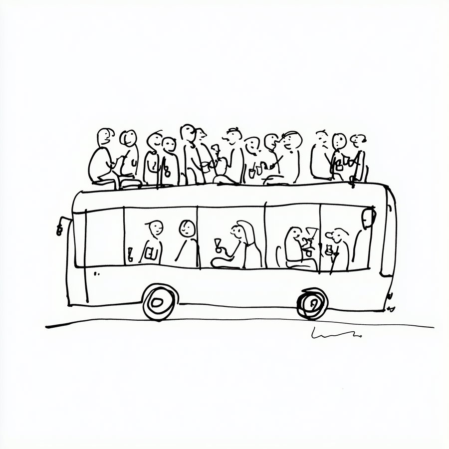 A simple black line drawing on white background showing a bus with people inside holding drinks and people sitting on the roof also holding drinks, all drawn in a minimalist style