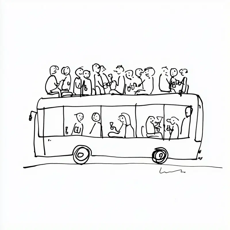 Minimalist line drawing of people enjoying drinks on and inside a bus