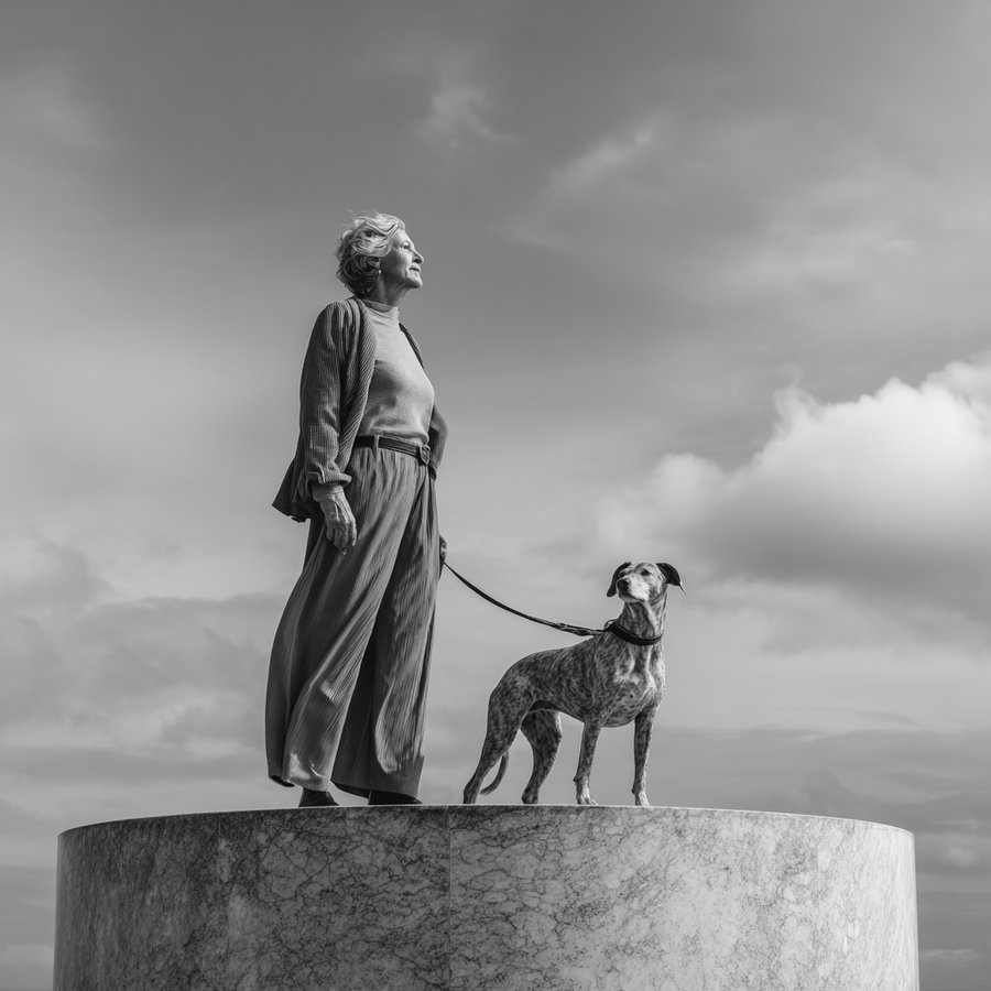 A grayscale image showing an elderly woman in wide-legged pants and a light sweater, standing on a large round stone platform holding the leash of a spotted dog, both looking into the distance under a cloudy sky.