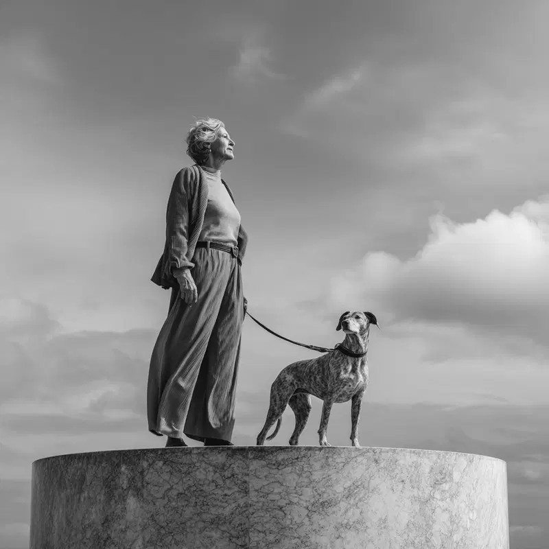 Black and white portrait of a woman standing with her dog on a stone platform