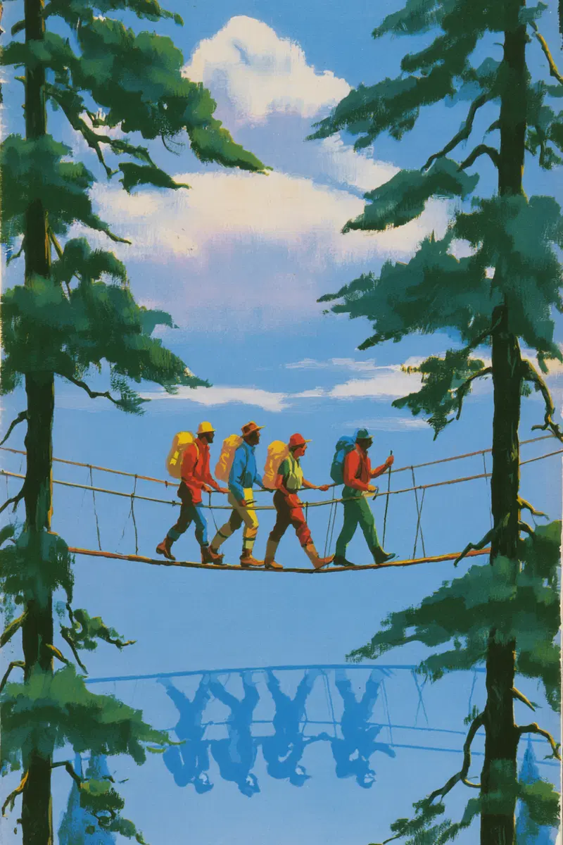 Illustrative artwork of four hikers crossing a rope bridge among tall trees