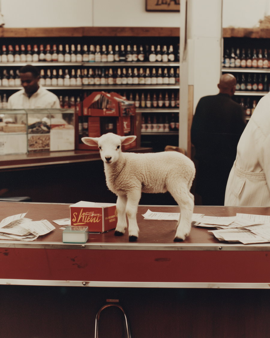 A small white lamb standing on a red and brown grocery store checkout counter with scattered papers, a red box, and a green package, with shelves of bottles and people blurred in the background.