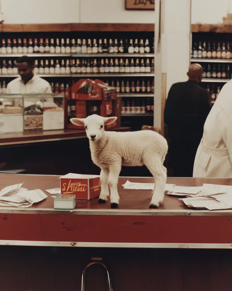 A lamb standing on a grocery store counter with people and bottles in the background