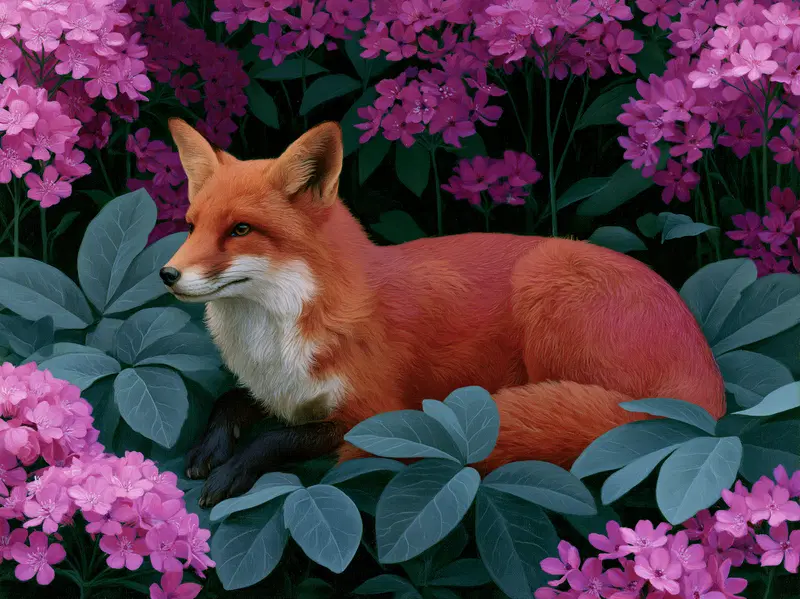 Detailed painting of a red fox resting among lush green leaves and vibrant purple flowers