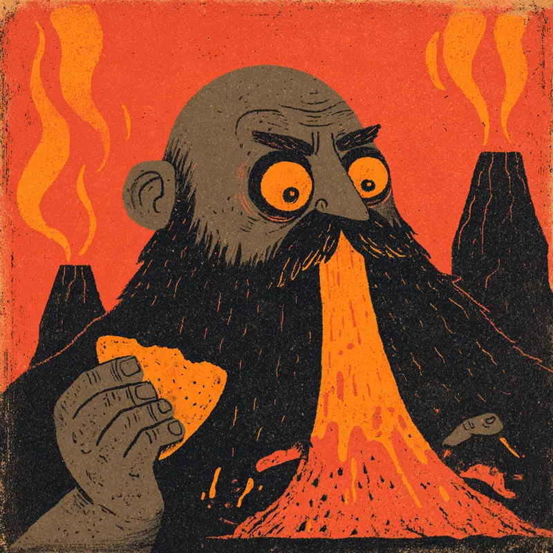 Surreal abstract art of a bearded man vomiting lava with volcanoes