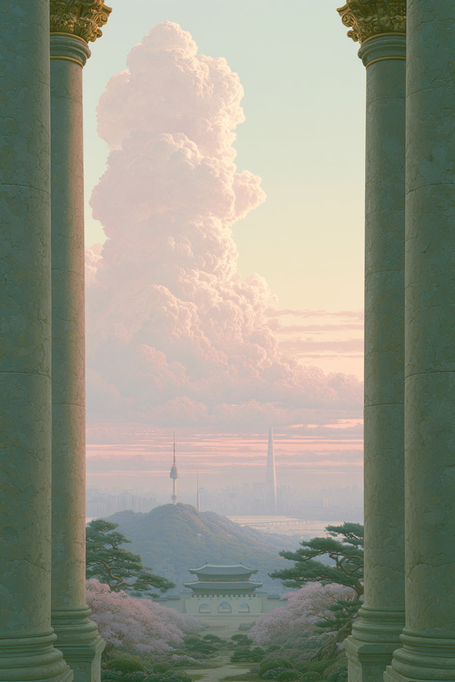 View framed by two large green marble columns with golden capitals looking out over a cityscape featuring a traditional building, lush trees in bloom, hills, and tall modern towers under a sky filled with voluminous clouds