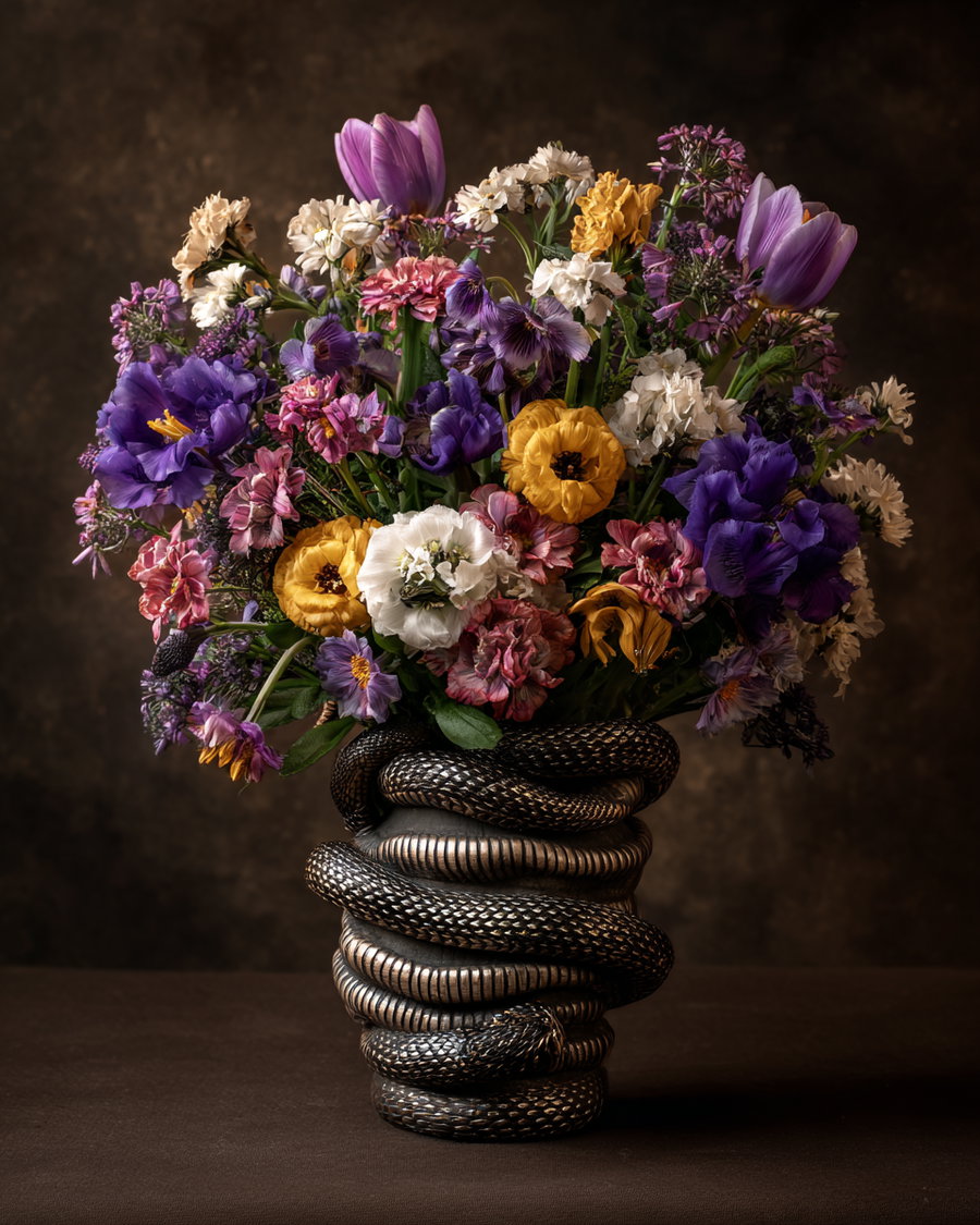 A vibrant bouquet of various flowers in shades of purple, yellow, pink, and white arranged in a dark vase resembling a coiled snake on a dark surface with a moody brown background.
