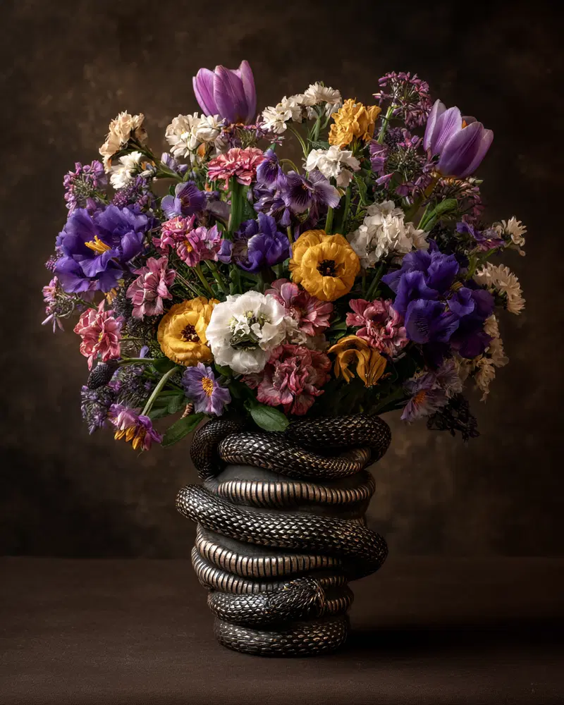 Luxurious floral bouquet arranged in a snake-shaped modern vase