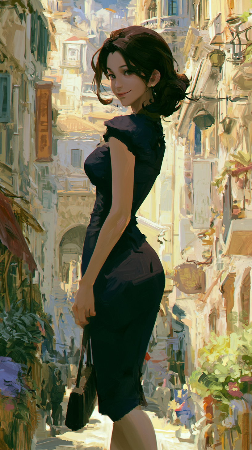 Painting of a woman in a black dress holding a purse, standing in a bright narrow street with European-style buildings and flowers around