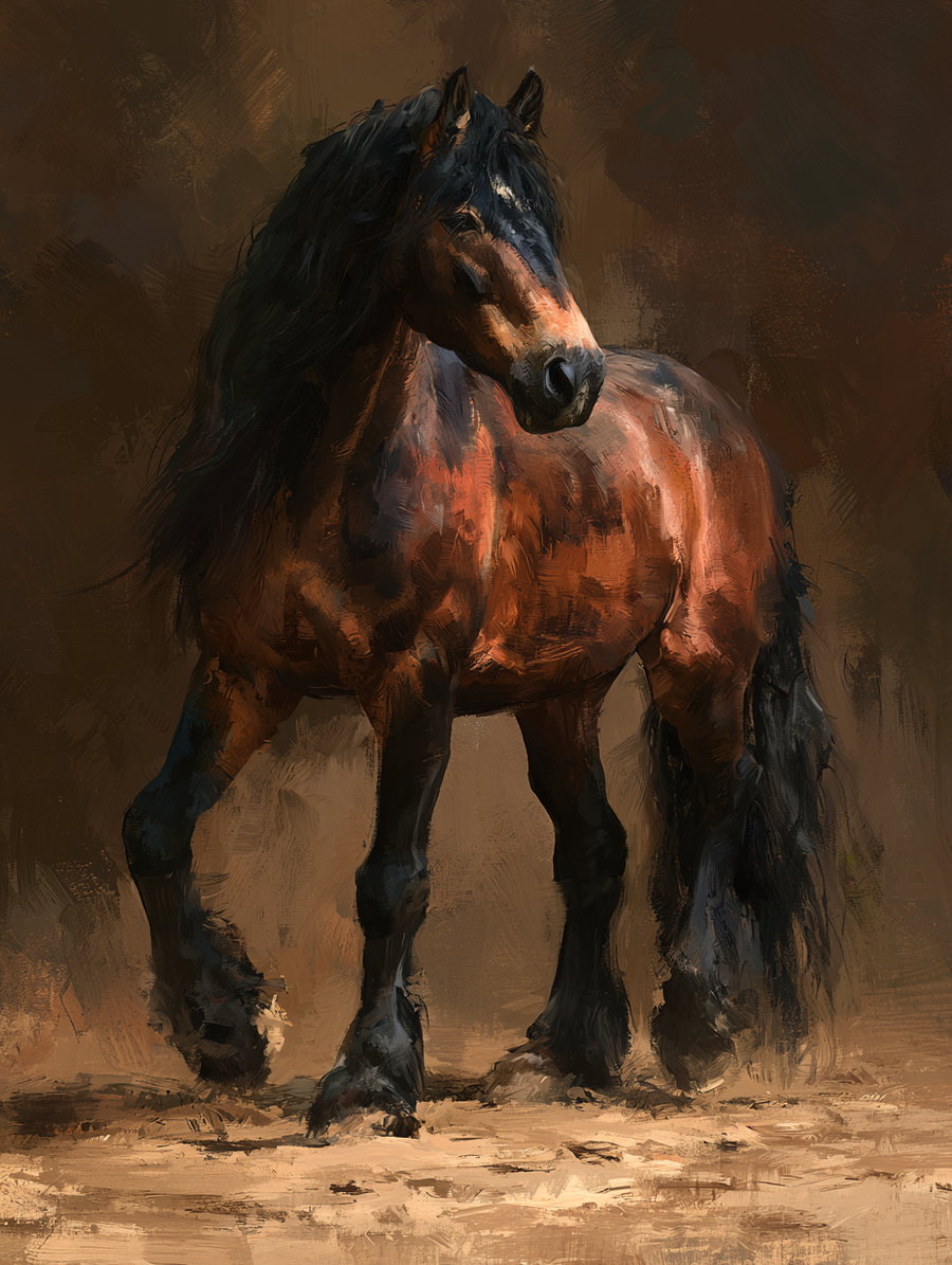Digital painting of a dark bay horse with a long black mane and feathering on its legs standing against a painterly brown background
