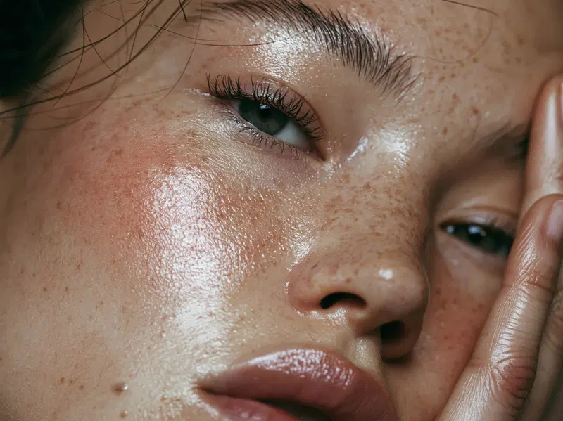 Close-up portrait of a woman's face highlighting skin texture and freckles