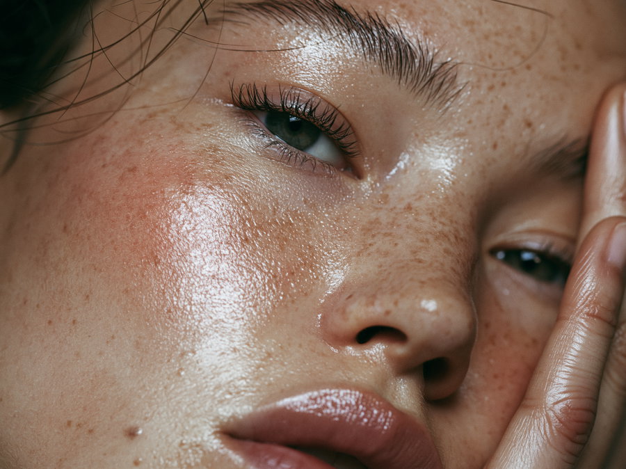 Extreme close-up of a woman's face showing her green eye, freckles, and glossy skin with hand touching the cheek