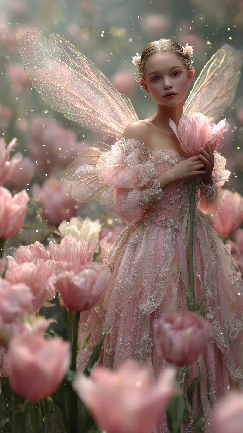 Enchanting fairy in a delicate pink dress surrounded by blooming tulips