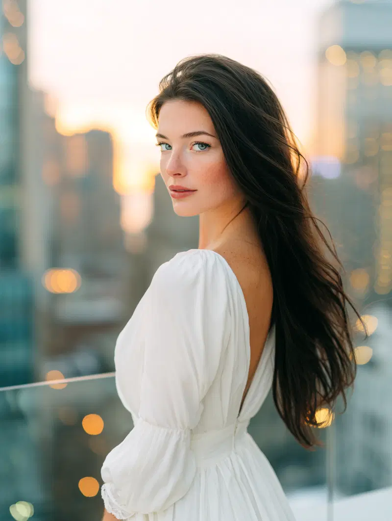 Elegant portrait of a woman in a white dress with soft sunset city background