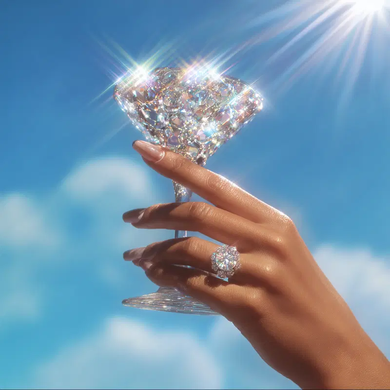 Hand holding a sparkling diamond-shaped crystal glass against a blue sky