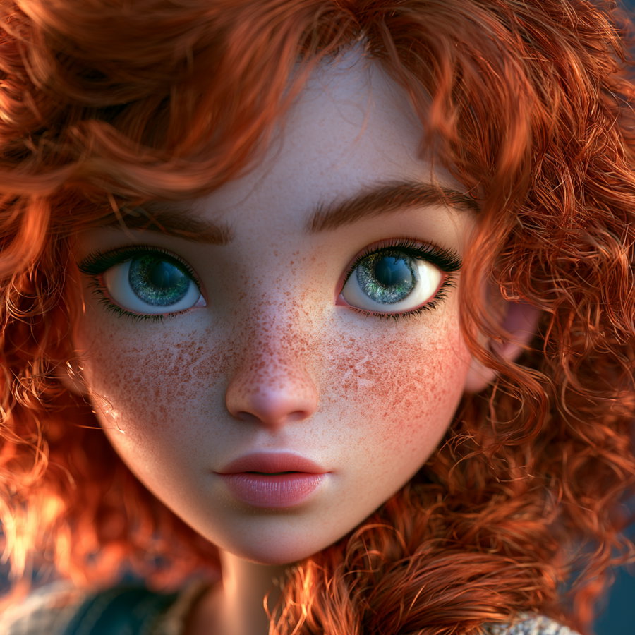 Digital close-up portrait of a young girl with vibrant red curly hair, blue eyes, and freckles on her cheeks and nose