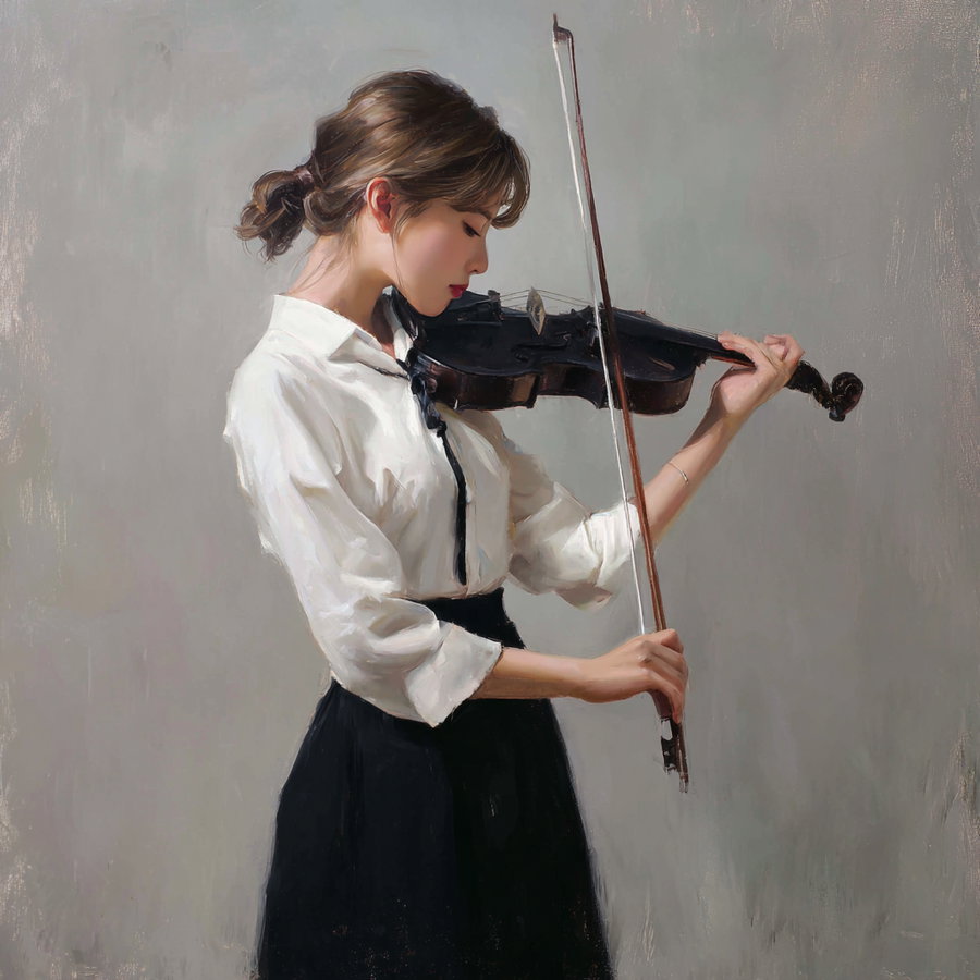A painted portrait of a young woman wearing a white blouse and black skirt playing a violin against a plain gray background